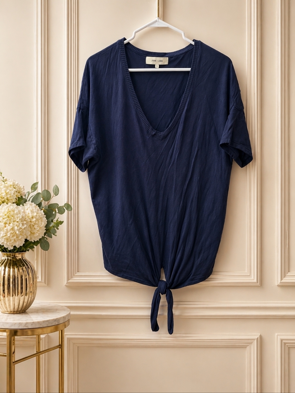 John + Jenn Small Petite  Navy V-Neck Short Sleeve Tie-Front Top